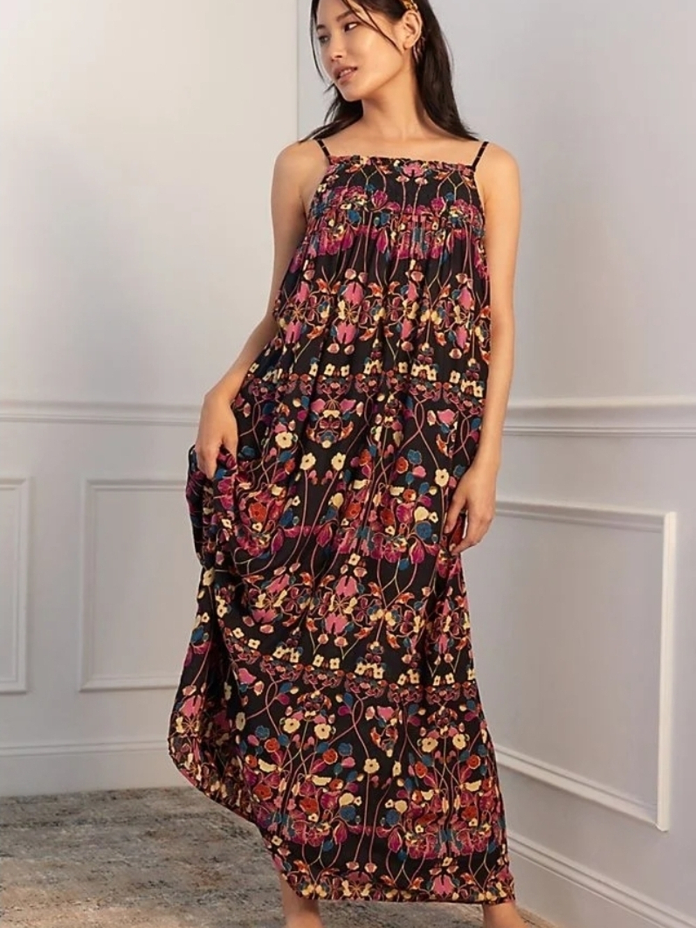 Anthropologie Navy Floral Quilted Bodice Maxi Dress A Line XL Long